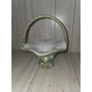Vtg Glass Basket Applied Swirl Handle Blue Green Yellow Pin Stripes Murano? Flaw